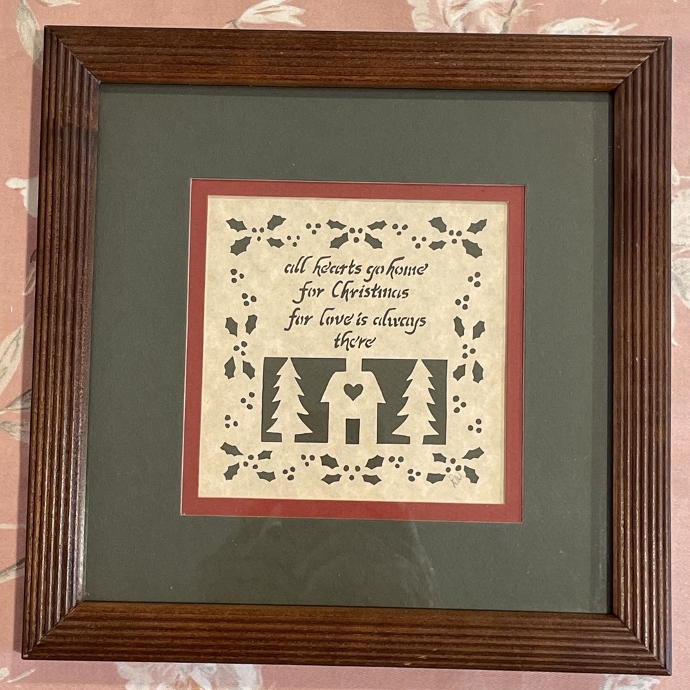 Scherenschnitte Vtg Christmas Framed Signed All Hearts Go Home Christmas Love